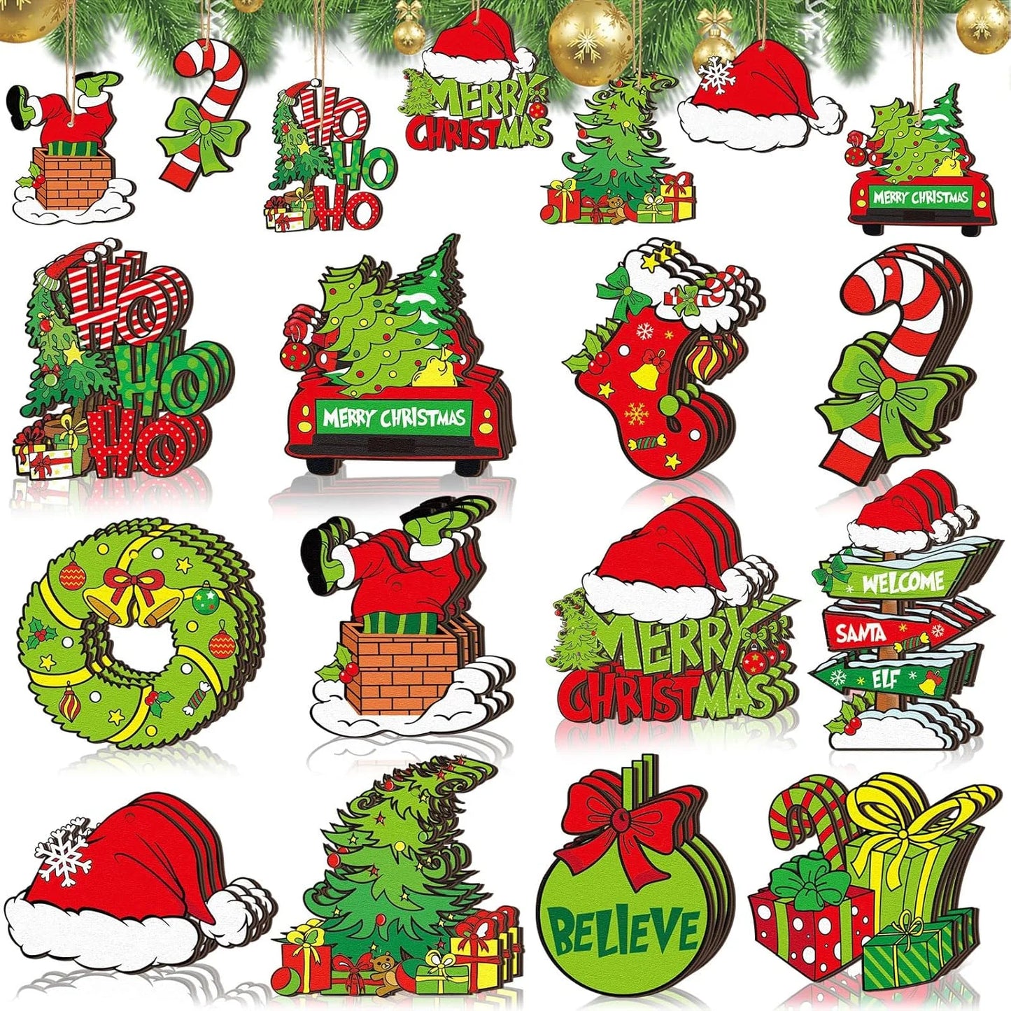 12PCS Christmas-themed decorative ornaments, full of a strong festive atmosphere. They cover a variety of classic Christmas elem