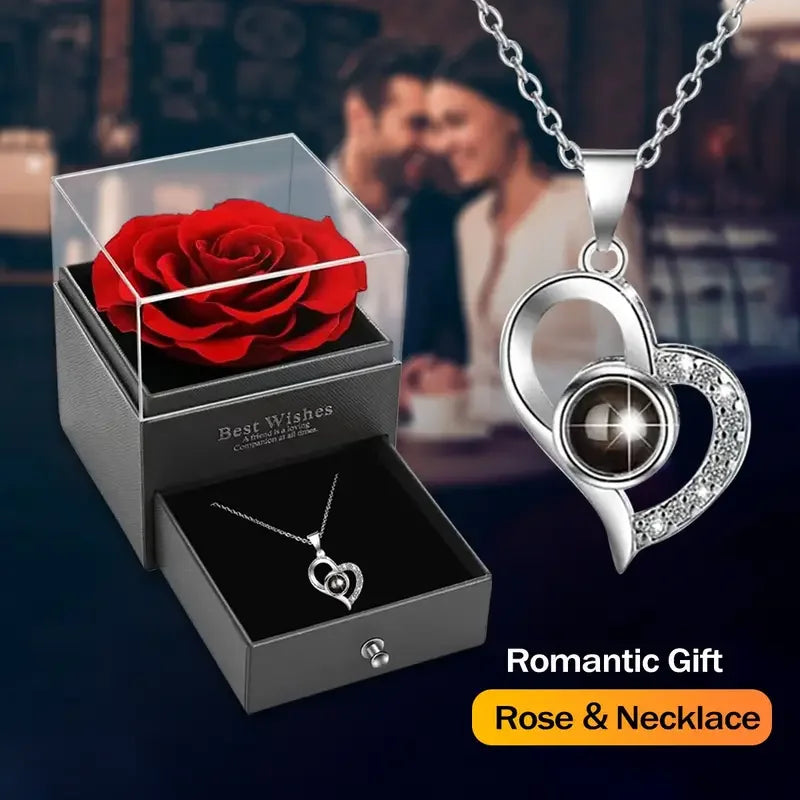 1 Set Artificial Flower Gift Box with I Love You Necklace - Christmas, Valentines Day, Mothers Day, Anniversary, Birthday Gifts