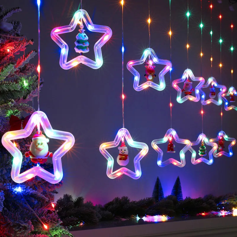 Christmas Lights String Star Santa Claus Curtain Light USB Plug Holiday Party Garland Lamp For Home Bedroom Window Decoration
