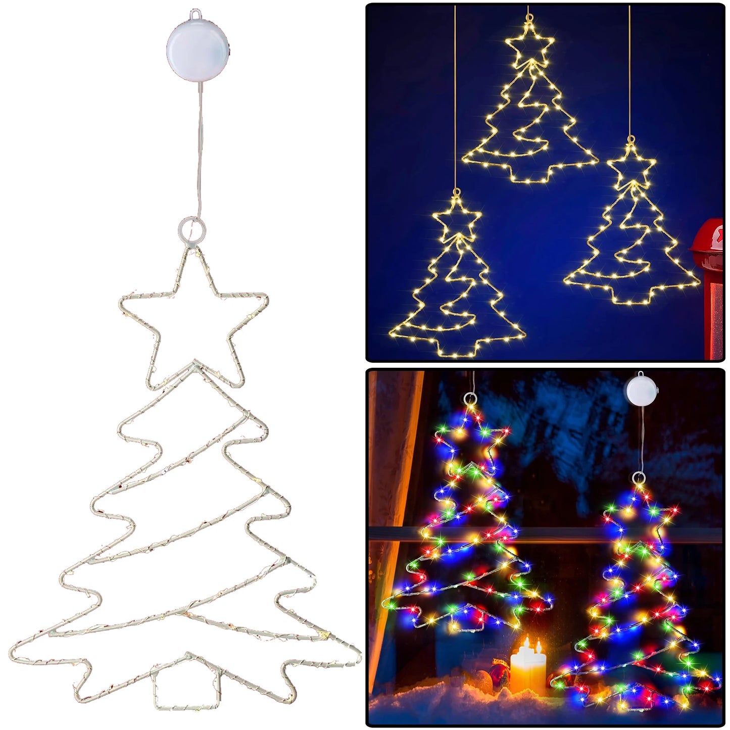Christmas Tree Lights Battery Powered Metal Framed Hanging Christmas Window Fairy Light Decorations with Timer for Xmas New Year