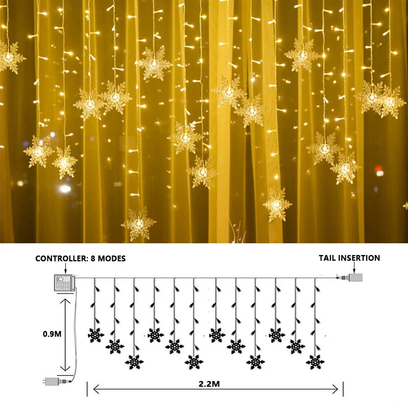 Christmas Snowflakes LED String Lights Flashing Fairy Curtain Lights for Holiday Party Wedding Xmas Decoration Household Goods
