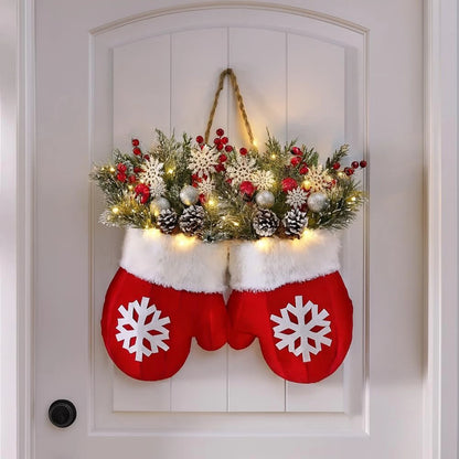 Christmas Gloves Wreath Hanging Ornament Decoration Frosted Pinecones And Red Berries For Holiday Home Wall And Stair Door Decor