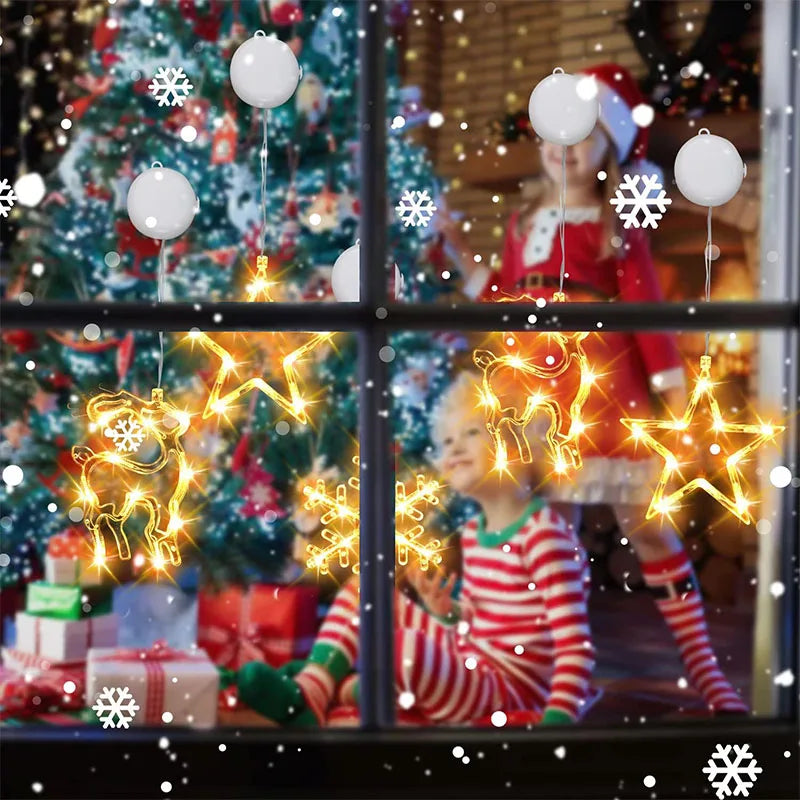 Christmas Window Lights Decor Battery Powered Hanging WarmWhite Light Tree Star Bells Shaped LED Sucker for Xmas Fireplace Decor