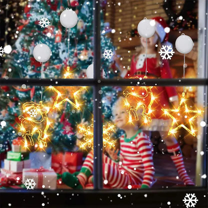 Christmas Window Lights Decor Battery Powered Hanging WarmWhite Light Tree Star Bells Shaped LED Sucker for Xmas Fireplace Decor
