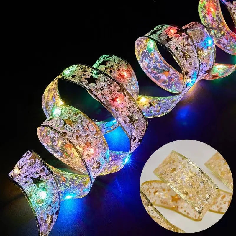 Christmas Decoration LED Ribbon Lights Christmas Tree Ornaments DIY Lace Bows String Light Navidad Home Decoration New Year 2025
