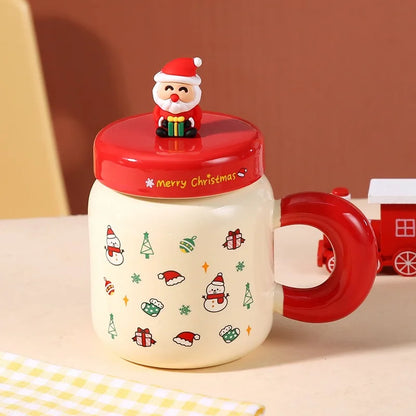 New Christmas gifts: Ceramic cups with LIDS, spoons, cartoon mugs, high appearance level, creative New Year gifts and souvenirs