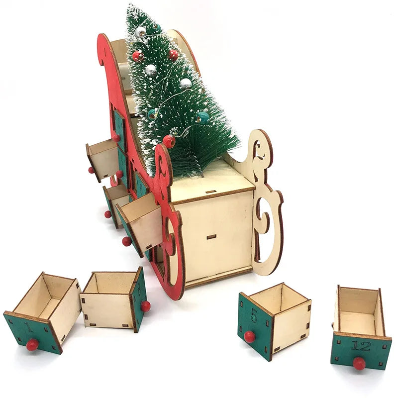 Christmas Advent Calendar Ornaments Wooden Luminous Decoration Gadget with 24 Drawers with LED Light Storage Home Party Gifts