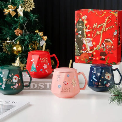 Christmas Ceramic Coffee Mug with Lid & Stirrer