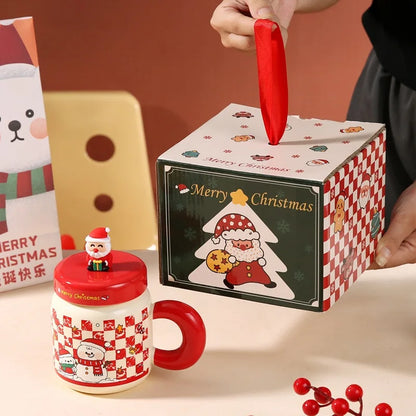 New Christmas gifts: Ceramic cups with LIDS, spoons, cartoon mugs, high appearance level, creative New Year gifts and souvenirs