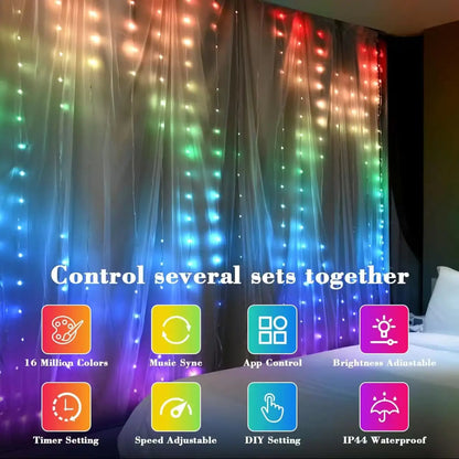 Christmas Lights Bluetooth Music App USB DC5V WS2812B Smart Led String Control RGBIC Curtain LED Addressable Party Decoration