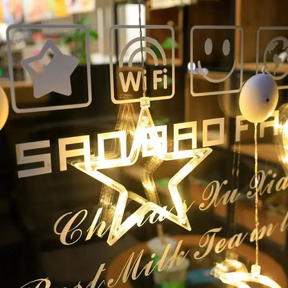 Christmas Window Lights Decor Battery Powered Hanging WarmWhite Light Tree Star Bells Shaped LED Sucker for Xmas Fireplace Decor