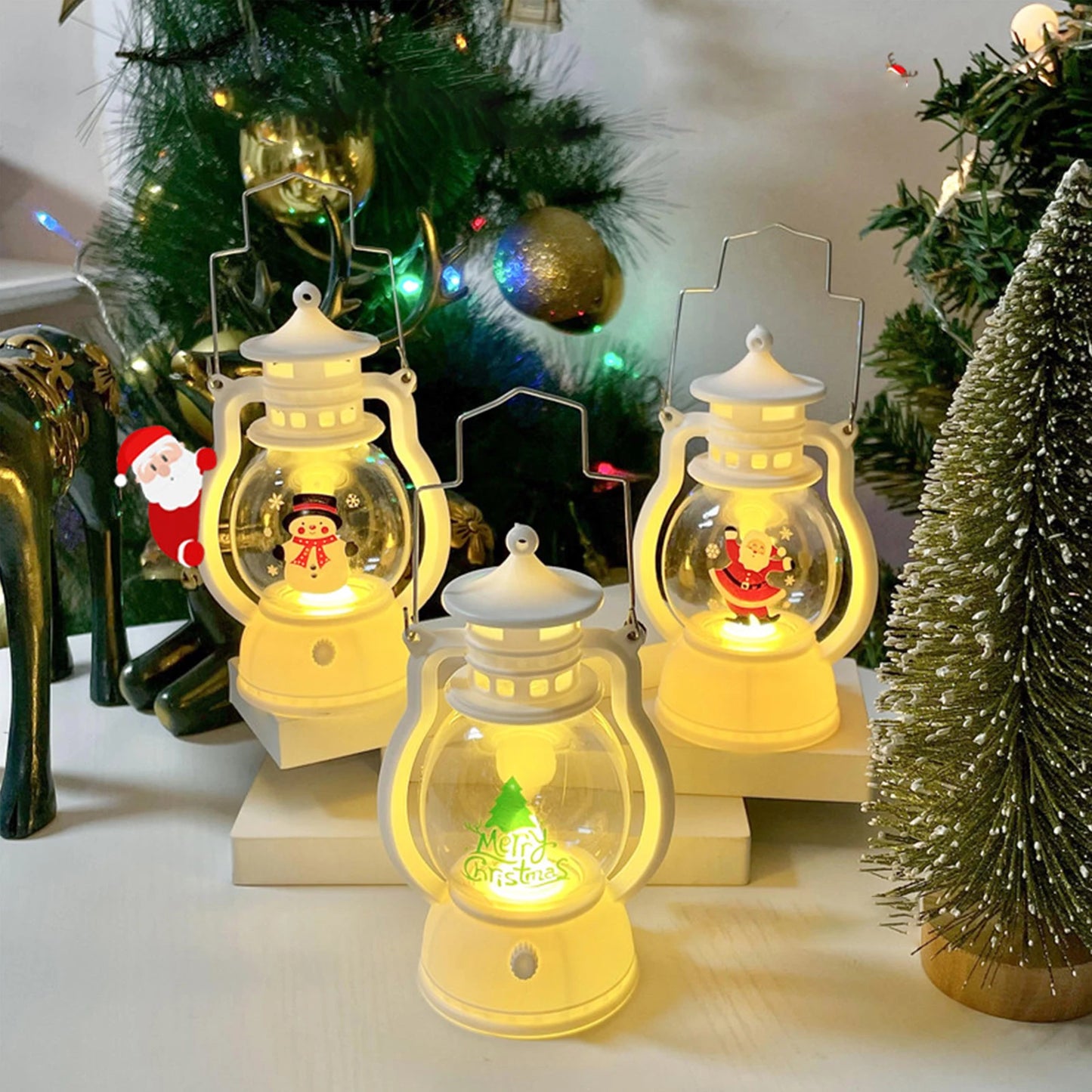 Christmas Lantern String Lights Battery Powered Santa Snowman Tree Pattern Decorative Lights