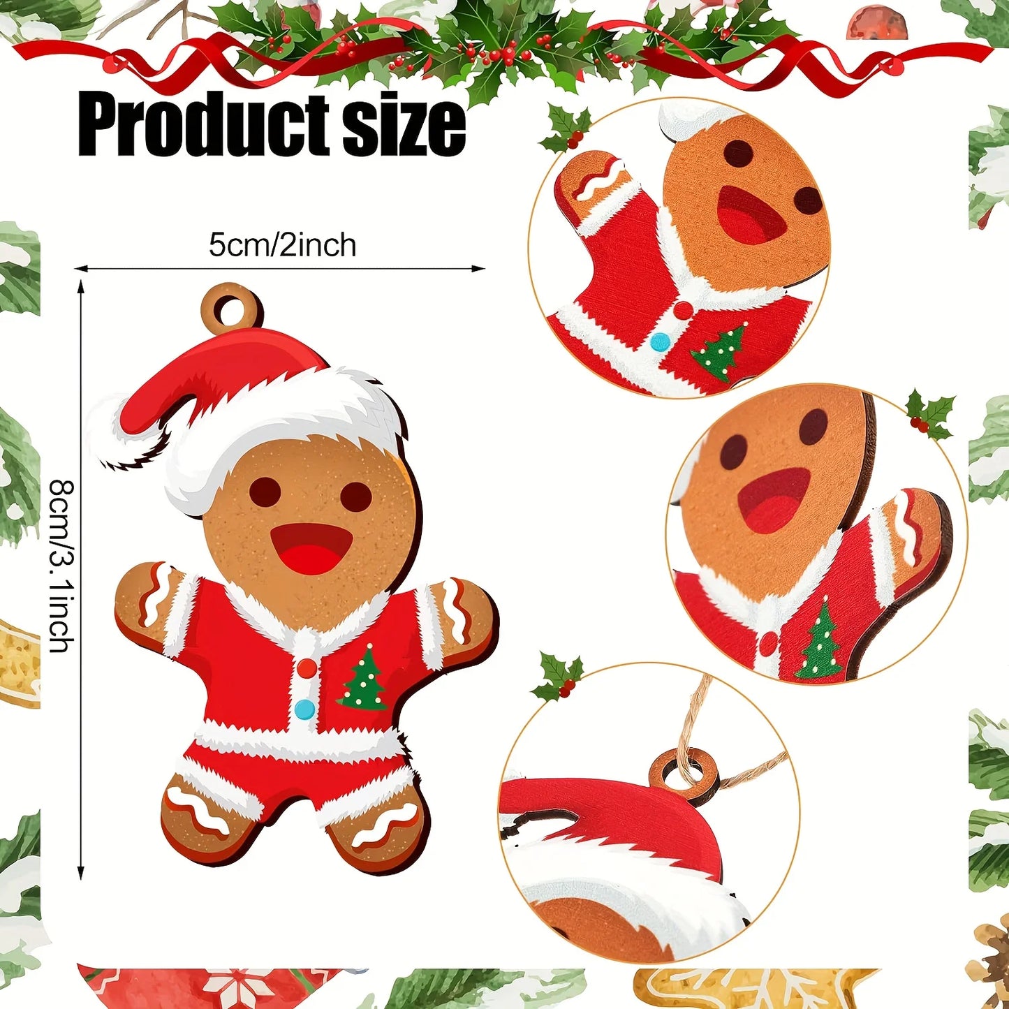30-Piece Christmas Gingerbread-Shaped Ornaments  Wooden Decorations with Santa Hats Perfect for Christmas Trees and Home Decor