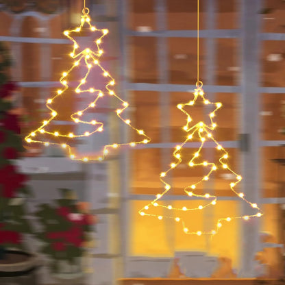 Christmas Tree Lights Battery Powered Metal Framed Hanging Christmas Window Fairy Light Decorations with Timer for Xmas New Year