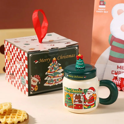 New Christmas gifts: Ceramic cups with LIDS, spoons, cartoon mugs, high appearance level, creative New Year gifts and souvenirs
