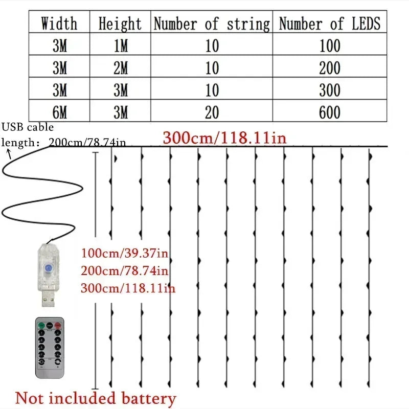 Christmas Home Decoration USB 8 Modes Fairy Garland Lights LED Curtain String Lights with Remote Control for Bedroom Wedding