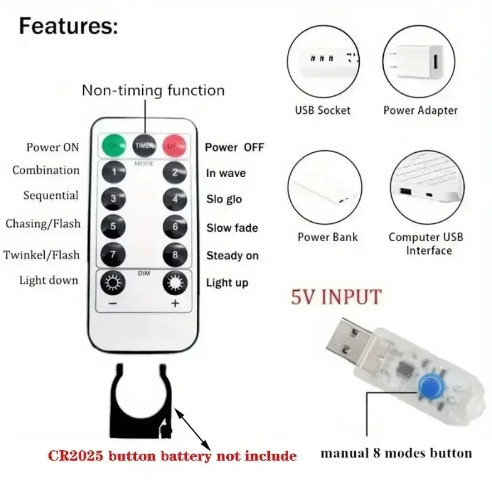 Christmas Lights USB LED Fairy Curtain String Lights with 8 Mode Remote Festoon Christmas Decoration for Home Holiday Wedding