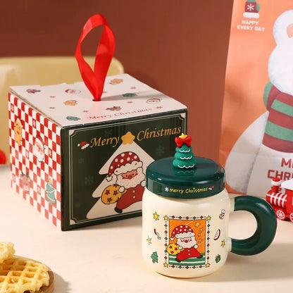 New Christmas gifts: Ceramic cups with LIDS, spoons, cartoon mugs, high appearance level, creative New Year gifts and souvenirs