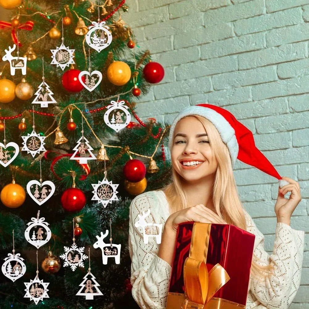 Set of 24 christmas tree ornaments, wooden hanging craft decorations for winter, 3d rustic farmhouse christmas ornaments