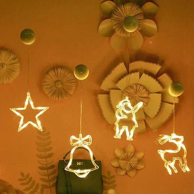 Christmas Window Lights Decor Battery Powered Hanging WarmWhite Light Tree Star Bells Shaped LED Sucker for Xmas Fireplace Decor