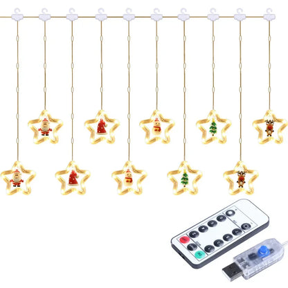 Christmas Lights String Star Santa Claus Curtain Light USB Plug Holiday Party Garland Lamp For Home Bedroom Window Decoration