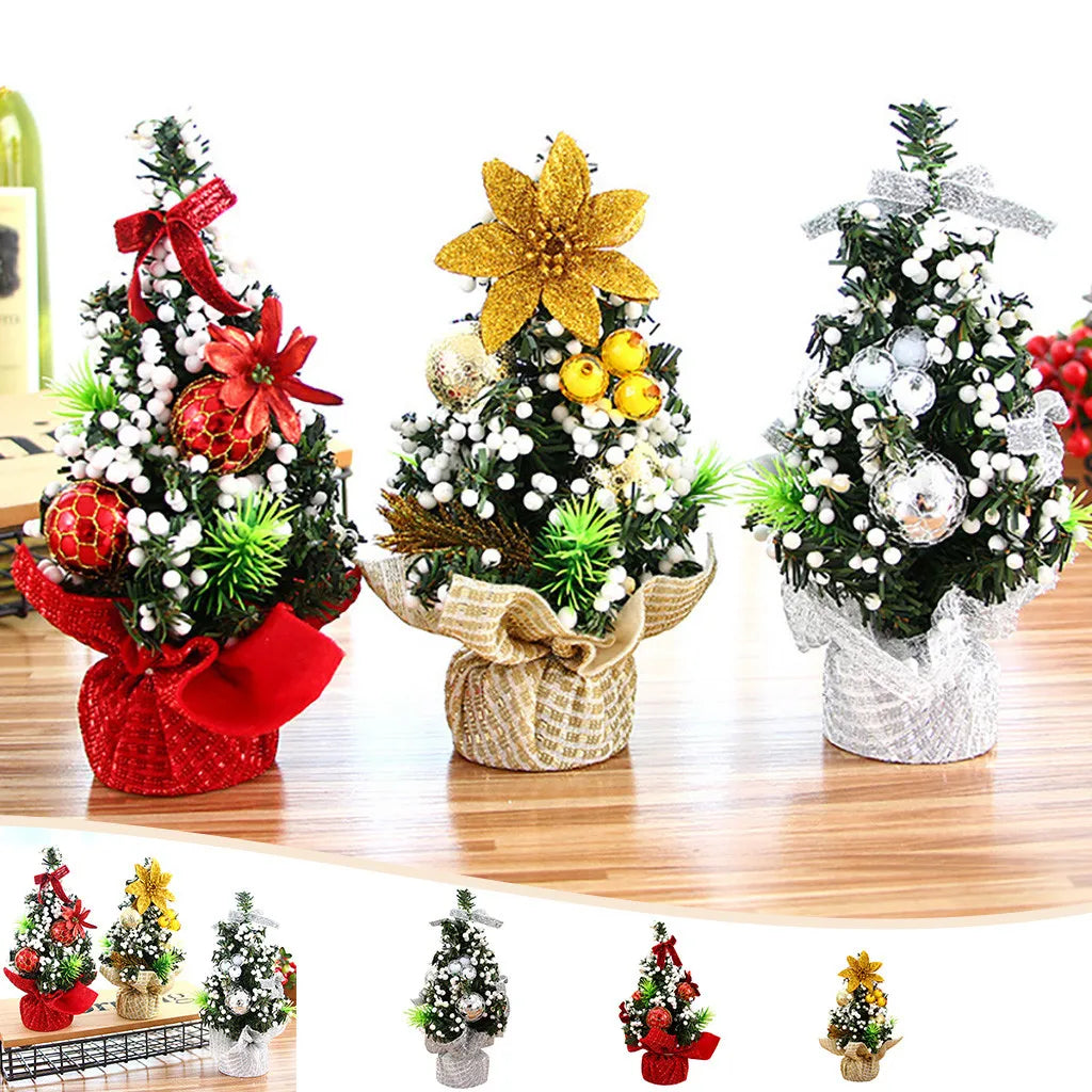 Christmas Tabletop Tree Ornament Decorative Mini Tree With Baubles Flowers Holiday Festive Home Desktop Decor Party Ornament