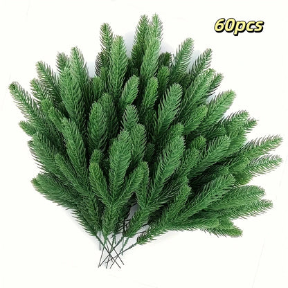 A selection of 60 artificial pine trees, with plastic green pine branches for DIY Christmas decoration, winter tabletop plants