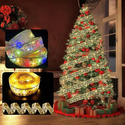 Christmas Decoration LED Ribbon Lights Christmas Tree Ornaments DIY Lace Bows String Light Navidad Home Decoration New Year 2025