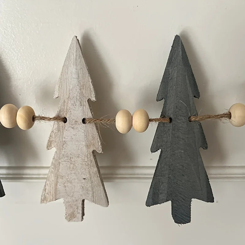 Christmas Wooden Wreath with 12 Trees and Beads for Winter Holiday Fireplace Decoration