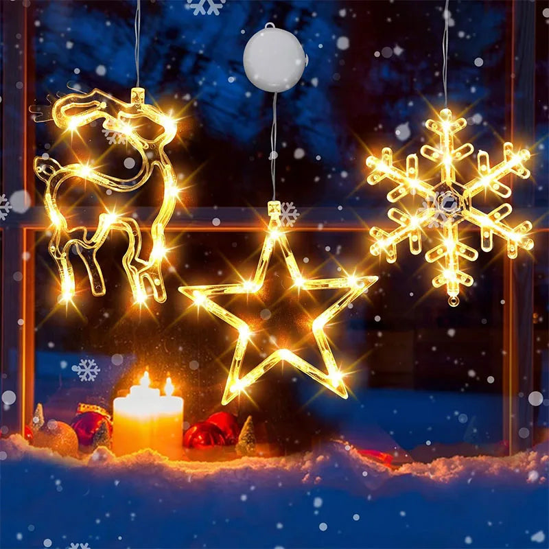 Christmas Window Lights Decor Battery Powered Hanging WarmWhite Light Tree Star Bells Shaped LED Sucker for Xmas Fireplace Decor