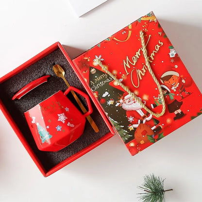 Christmas Ceramic Coffee Mug with Lid & Stirrer