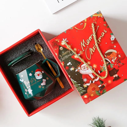 Christmas Ceramic Coffee Mug with Lid & Stirrer