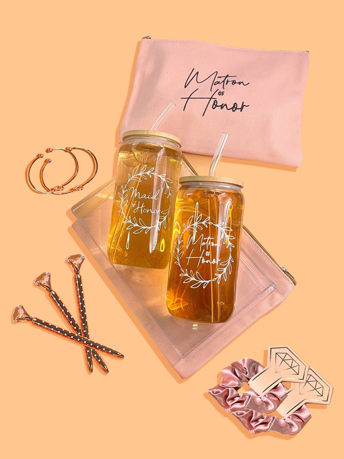 Bridesmaid Proposal Wedding Gifts Set Maid of Honor Gifts Bridal Shower 16oz Glass Cups Cosmetic Makeup Bags