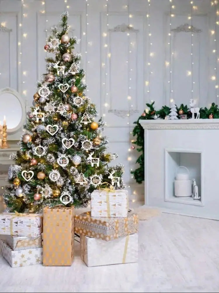 Set of 24 christmas tree ornaments, wooden hanging craft decorations for winter, 3d rustic farmhouse christmas ornaments