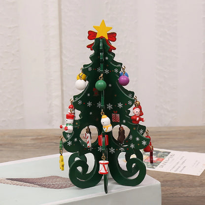 Classic Wooden Christmas Trees with Ornaments Handcrafted Tabletop Holiday Decor Festive Miniature Pine Tree Set for Home Party