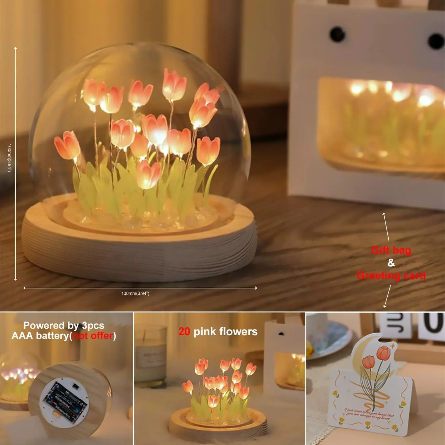 Birthday Gifts Mom Assembled Tulip Light Handmade Artificial Flower Table Lamp Bedroom Desk Decoration for Daughter Girlfriend