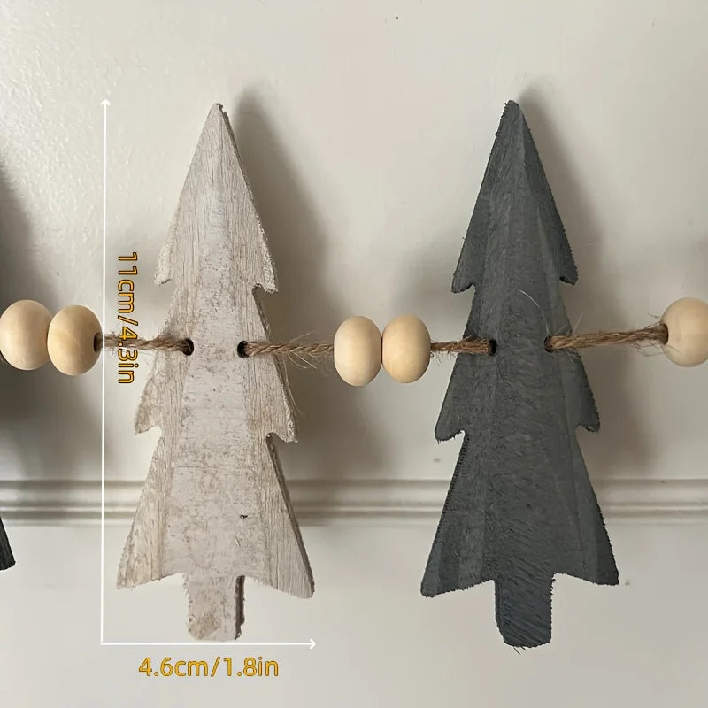 Christmas Wooden Wreath with 12 Trees and Beads for Winter Holiday Fireplace Decoration