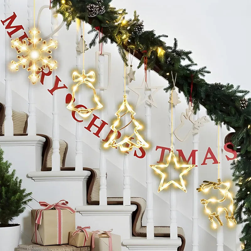 Christmas Window Lights Decor Battery Powered Hanging WarmWhite Light Tree Star Bells Shaped LED Sucker for Xmas Fireplace Decor