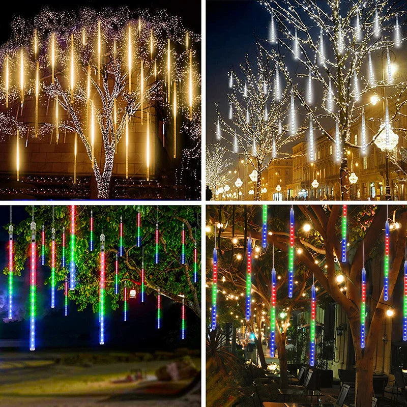 Christmas Lights Outdoor 8 Tube 144 LEDs Meteor Shower Lights Outdoor Hanging Light for Gazebo Tree Icicle Garden Yard Decor