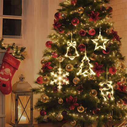 Christmas Window Lights Decor Battery Powered Hanging WarmWhite Light Tree Star Bells Shaped LED Sucker for Xmas Fireplace Decor
