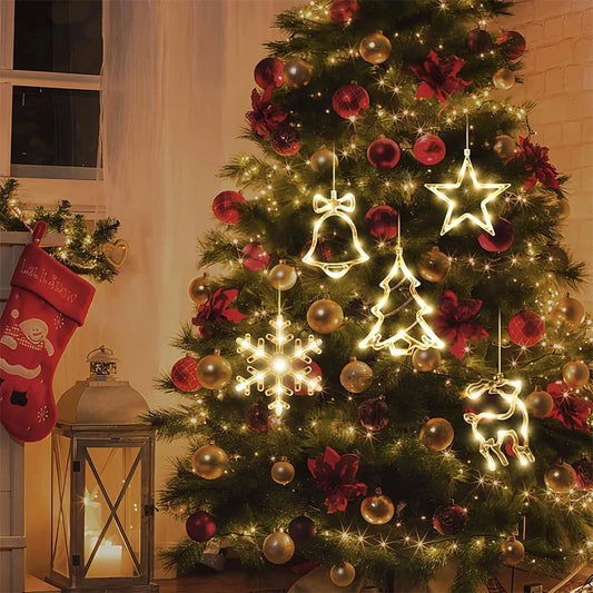 Christmas Window Lights Decor Battery Powered Hanging WarmWhite Light Tree Star Bells Shaped LED Sucker for Xmas Fireplace Decor