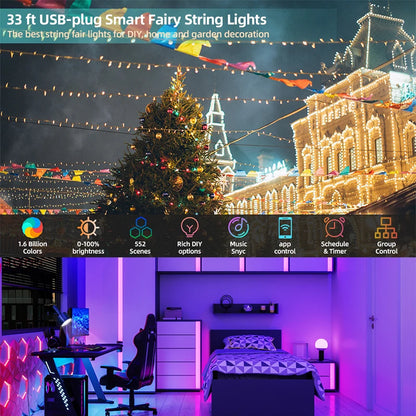Christmas Tree Lights Outdoor Indoor, 100LED 10M WS2812B RGBIC Lights, String Lights IP65 Waterproof Bluetooth Fairy LED String