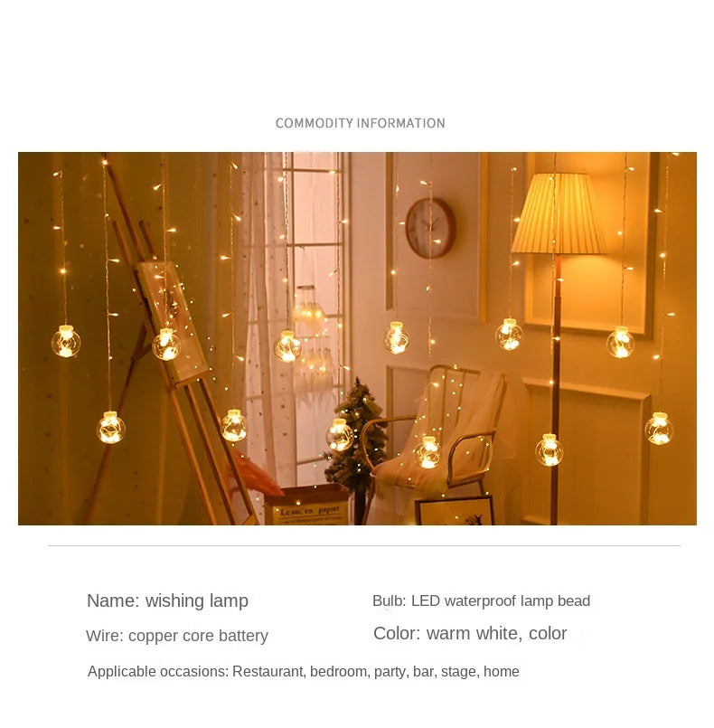 Christmas Decoration LED Lights Curtain Garland Wishing Ball Lamp Fairy String for Festoon Light Party New Year's Bedroom Living