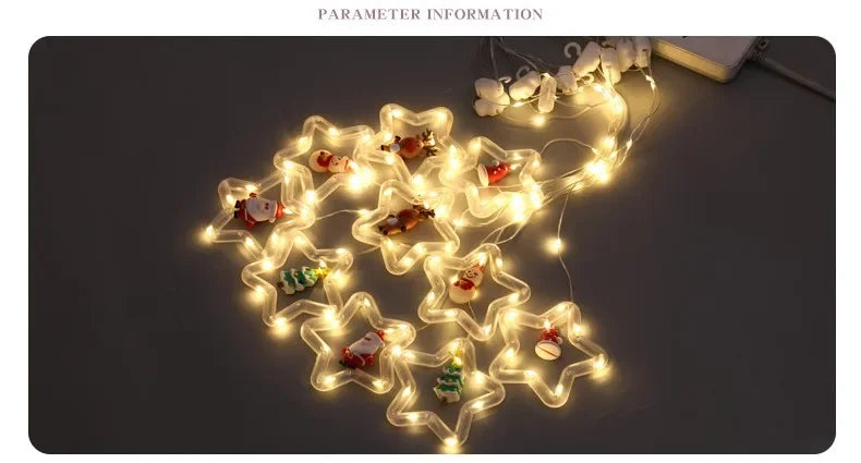 Christmas Lights String Star Santa Claus Curtain Light USB Plug Holiday Party Garland Lamp For Home Bedroom Window Decoration