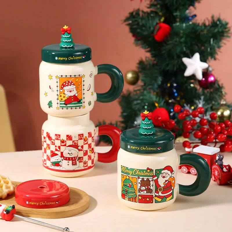 New Christmas gifts: Ceramic cups with LIDS, spoons, cartoon mugs, high appearance level, creative New Year gifts and souvenirs