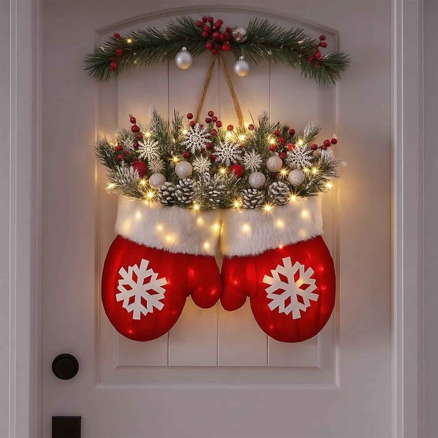 Christmas Gloves Wreath Hanging Ornament Decoration Frosted Pinecones And Red Berries For Holiday Home Wall And Stair Door Decor