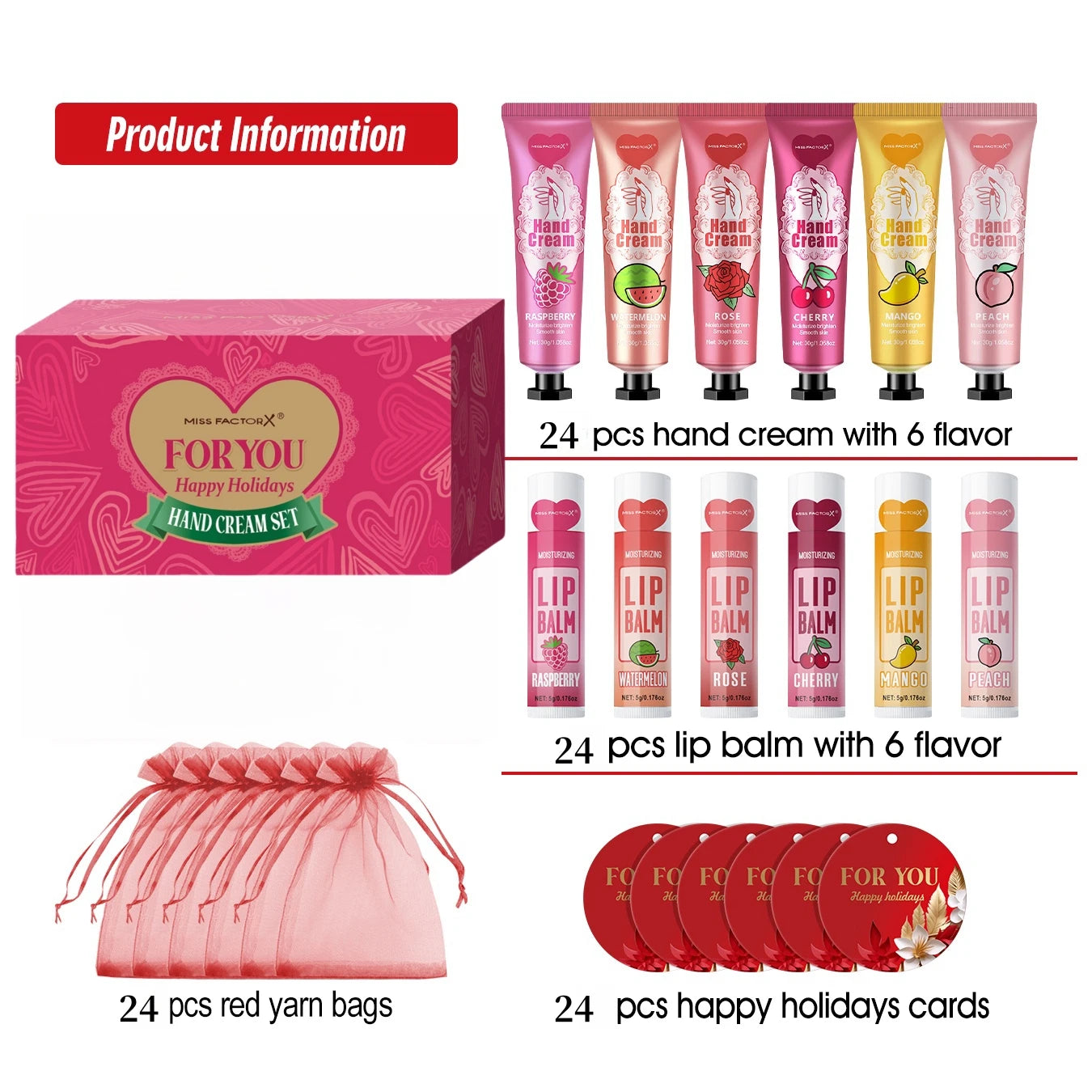 96pcs gift set hand cream and lip balm, with thank you card and organza bag, suitable for wedding, ladies party