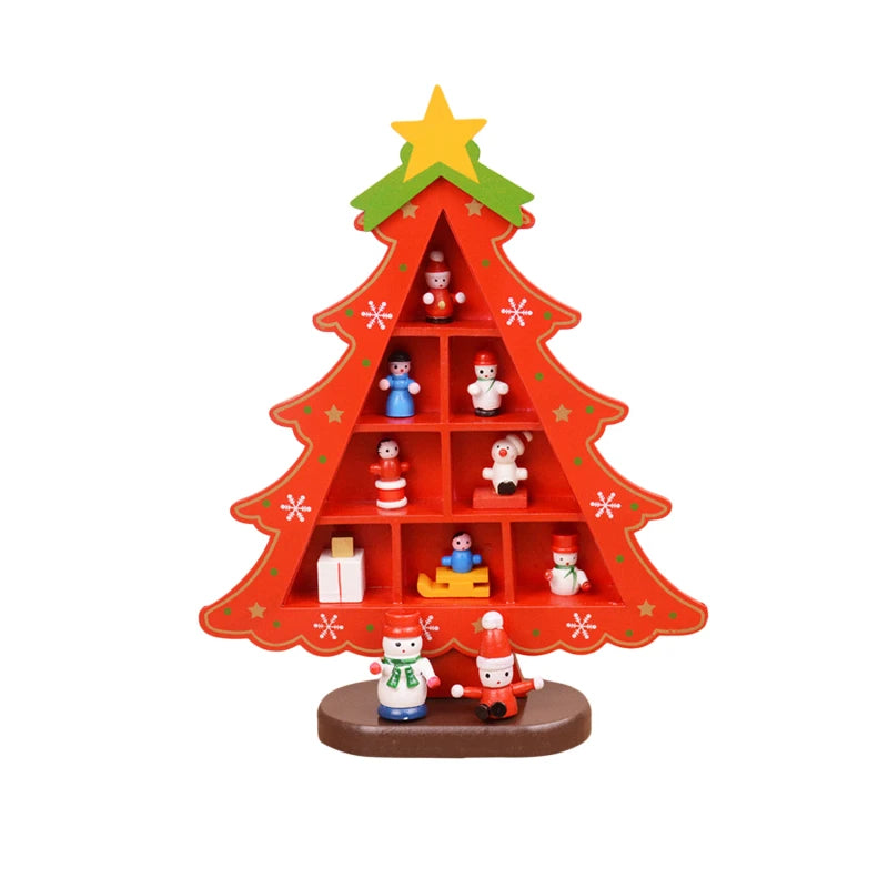 1PC Wooden Christmas Tree Creative Scene Layout Ornaments 3D Red Xmas Table Desktop Decoration Christmas Supplies