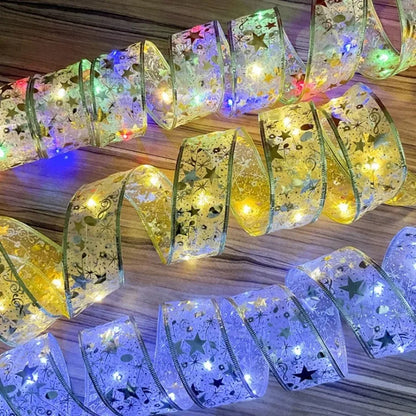Christmas Decoration LED Ribbon Fairy Lights Christmas Tree Ornaments for Home 2025 DIY Bows Light String Navidad New Year