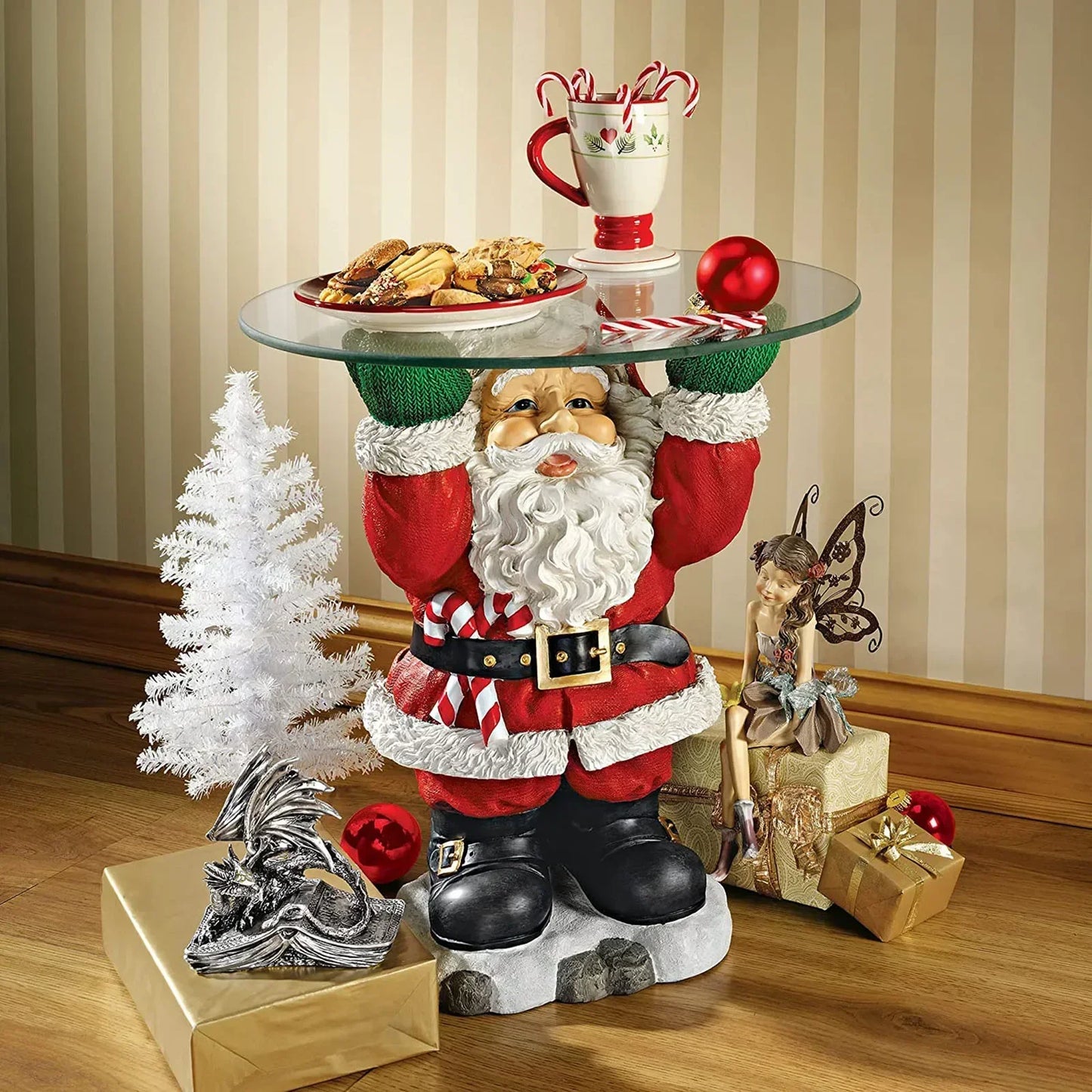 Christmas Tree and Waiter Tray Sculpture Resin Handicrafts Ornaments, Home Desktop Decoration, Full of Festive Atmosphere